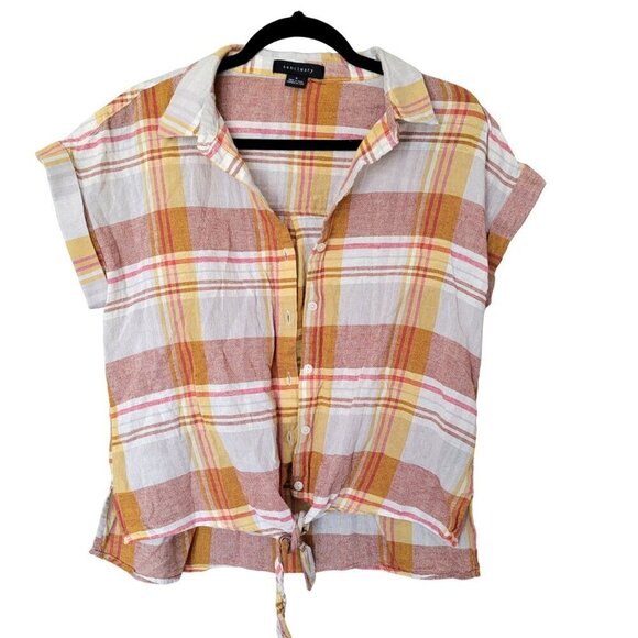 Sanctuary Cotton Linen Plaid Short Sleeve Button Down High Low Front Tie Top - Picture 1 of 6